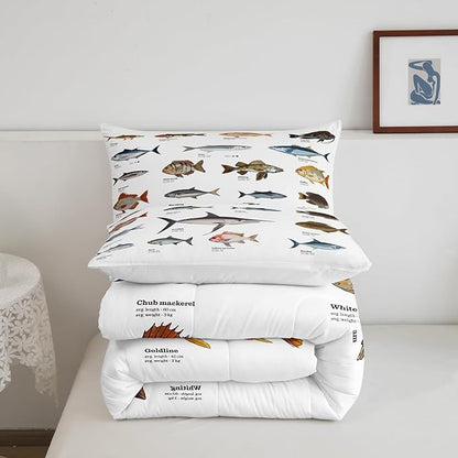 Erosebridal Bass Fish Queen Comforter Set for Boys Girls Farmhouse Fishing and Hunting Theme Bedding Set, Big Pike Fish Pattern Duvet Insert Fishing Lures Hook Quilt Bed Set Rustic Bedroom Decor