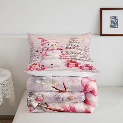 Castle Fairy Merry Christmas Bed Comforter Set Queen Size,Xmas Tree Gift Super Soft Microfiber Bedding Set for Adults Men,Pink Christmas Snowman Decorative Comforter Set,3 Pcs