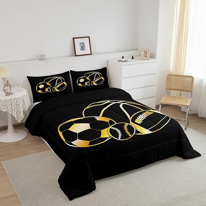 Feelyou Football Sports Comforter Set King Size Soccer Ball Game Comforter for Boys Girls Teens Basketball Bedding Set Baseball Duvet Set Room Decor Dull Black Mixed Ball Quilt Set
