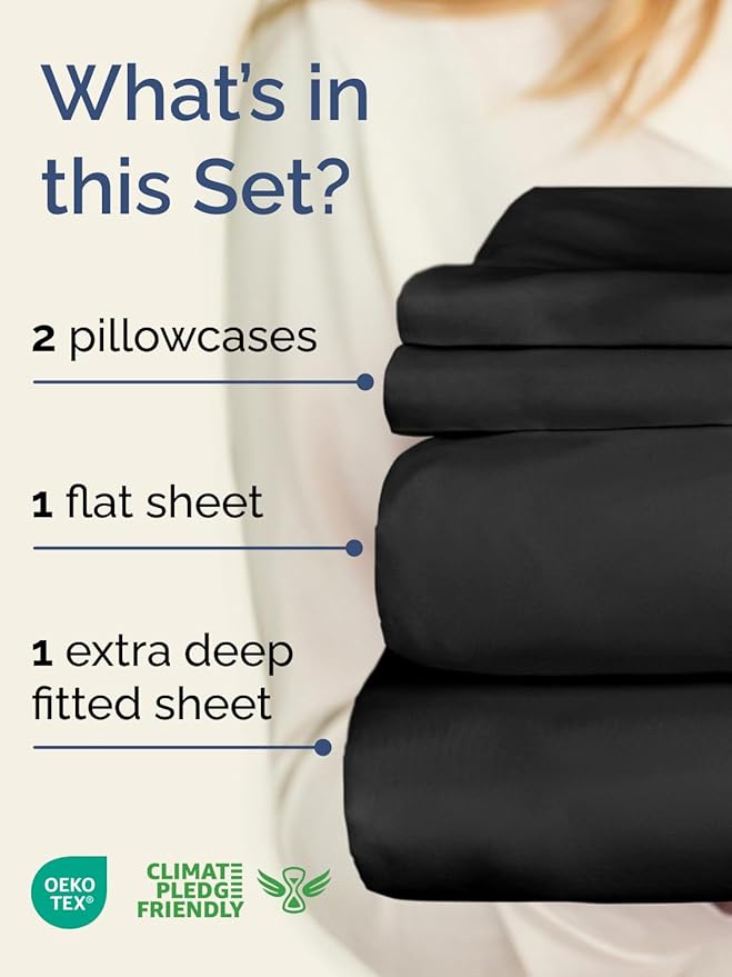 Extra Deep Twin XL Sheet Set - 4 Piece Breathable and Cooling Sheets - Hotel Luxury Bedding for Women, Men, Kids & Teens - Easy & Secure Fit - Soft, Wrinkle Free and Comfy - Extra Deep Pockets - Black