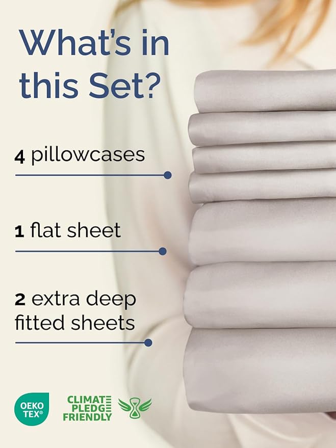 Extra Deep Split King Sheet Set - 7 Piece Breathable and Cooling Sheets - Hotel Luxury Bedding for Women, Men, Kids & Teens - Easy Secure Fit - Soft & Wrinkle Free - Extra Deep Pockets - Light Grey