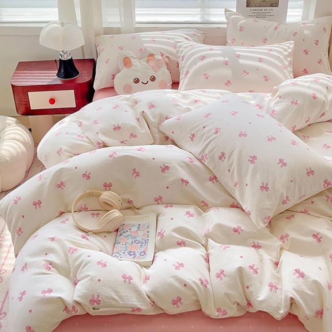 Nayoroom Pink Bow Comforter Set Queen Size Heart Bowknot Printed Coquette Bedding Set 3 Pcs Kids Girls Cute Comforter for All Seasons (1 Comforter, 2 Pillow Shams)