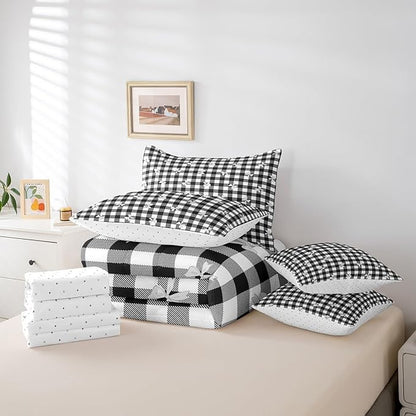 Feelyou Black Bow Comforter Set with Sheets Twin Size Kids Bowknot Pliad 7 Pieces Bedding Set for Boys Girls Teens Gift for Girls Women Grid Bed in a Bag Breathable Princess Décor Bed Set