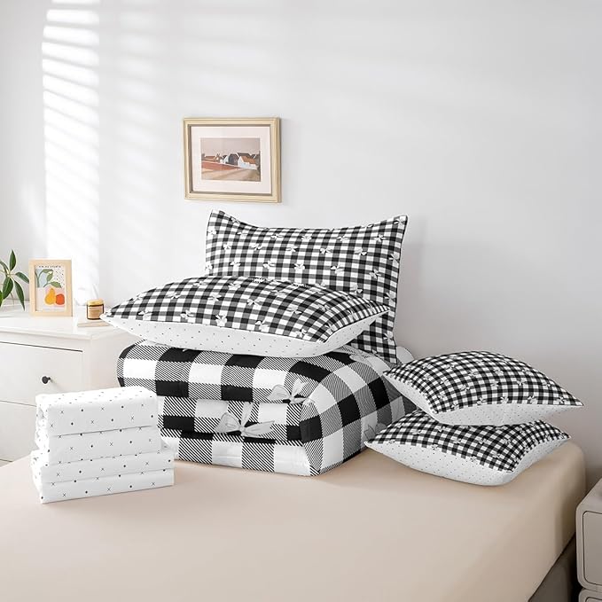 Feelyou Black Bow Comforter Set with Sheets Full Size Kids Bowknot Pliad 7 Pieces Bedding Set for Boys Girls Teens Gift for Girls Women Grid Bed in a Bag Breathable Princess Décor Bed Set