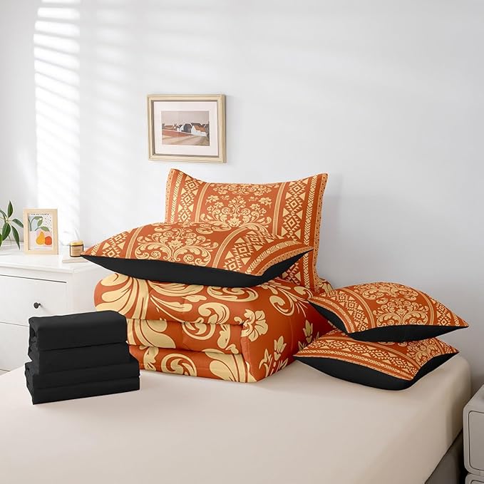 Comforter Set Queen Size, Orange Aztec Damask 7 Pcs Bedding for Kids and Adults, Victorian Decor Western Baroque Goth Bed Sheet Sets with Fitted Sheet 2 Pillowcases & 2 Shams for Bedroom Bed Decor