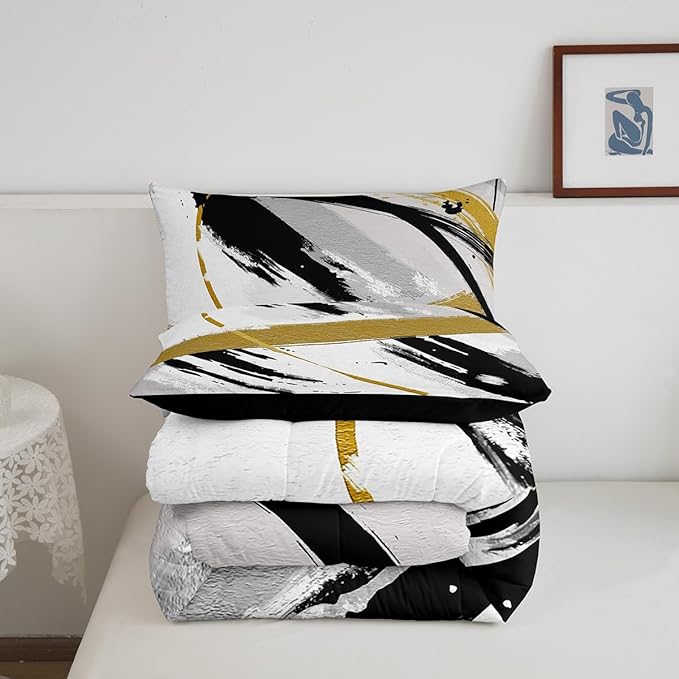 Erosebridal Black Grey Gold Comforter Set Queen Brush Strokes Oil Painting Bedding Set, Gradient Abstract Vintage Bedding Comforter Sets Ombre Graffiti Duvet Set, Contemporary Modern Quilted Comforter