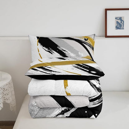 Erosebridal Black Grey Gold Bedding King Brush Strokes Oil Painting Comforter Set, Gradient Abstract Vintage Duvet Insert Ombre Graffiti Down Comforter, Contemporary Modern Bedding Comforter Sets