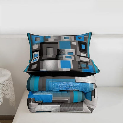 Castle Fairy Geometric Grid Full Size Comforter Set,Blue White and Gray Bedding Set for Adults Teens,Children Modern Abstract Comforter Luxury Geometric Square Splicing Quilt Set Room Decor 3Pcs