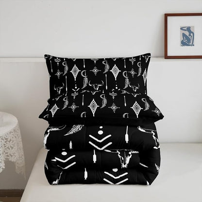Feelyou Western Bull Skull Bedding Set Queen Size Ethnic Horns Boho Comforter Black White Tribal Symbol Mysterious Aztec Comforter Set for Man Women