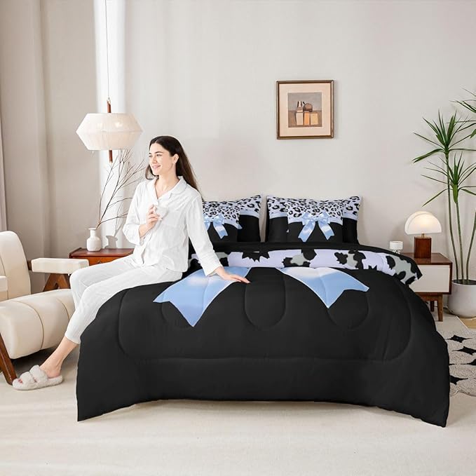 Feelyou Blue Silk Bowknot 7 Piece Bedding Set Full Size Grey Leopard Comforter Set with Sheets for Kids Girls Women Black Blue Bed in a Bag Sweet Romantic Bed Set