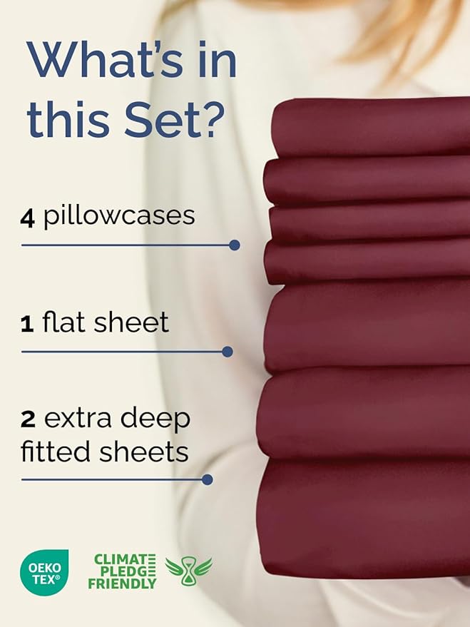 Extra Deep Split King Sheet Set - 7 Piece Breathable and Cooling Sheets - Hotel Luxury Bedding for Women, Men, Kids & Teens - Easy & Secure Fit - Soft and Wrinkle Free - Extra Deep Pockets - Burgundy