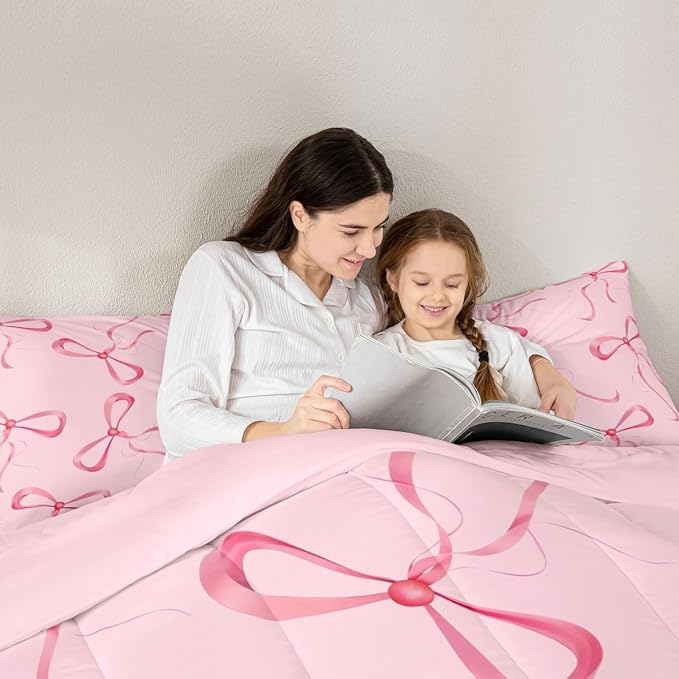 Erosebridal Pink Bow Bedding Set King Cute Kawaii Bow Comforter Set for Girls Kids Teen Women,Dreamy Princess Bowknot Comforter Girly Coquette Ribbon Butterfly Knot Quilt with 2 Pillow Cases