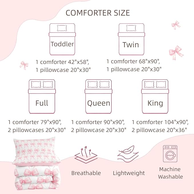 Feelyou Pink Bow Queen Bedding Set for Girls, Pink Bow Comforter Set for Kids, Cute Bowknot Girls Comforter Kawaii Dreamy Princess Style Room Decor, 2 Pillowcases