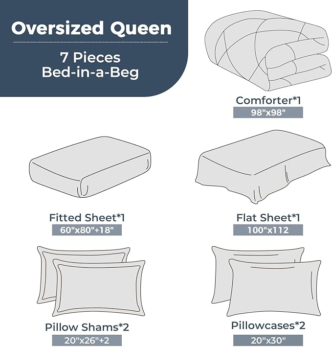 HEVUMYI Oversized Queen Comforter Set Dark Grey - 7-Piece All Season Bed in a Bag Oversized Queen, Soft Bedding Set with Comforter, Flat Sheet, Deep Pocket Fitted Sheet, Pillowcases, Pillow Shams