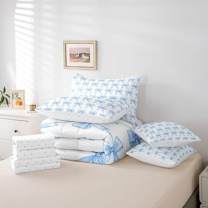 Feelyou Blue Bow 7 Piece Bedding Set King Size Cute Bowknot Twin Comforter Set with Sheets Boys Girls Kawaii Bed in a Bag Breathable Soft Lightweight Microfiber