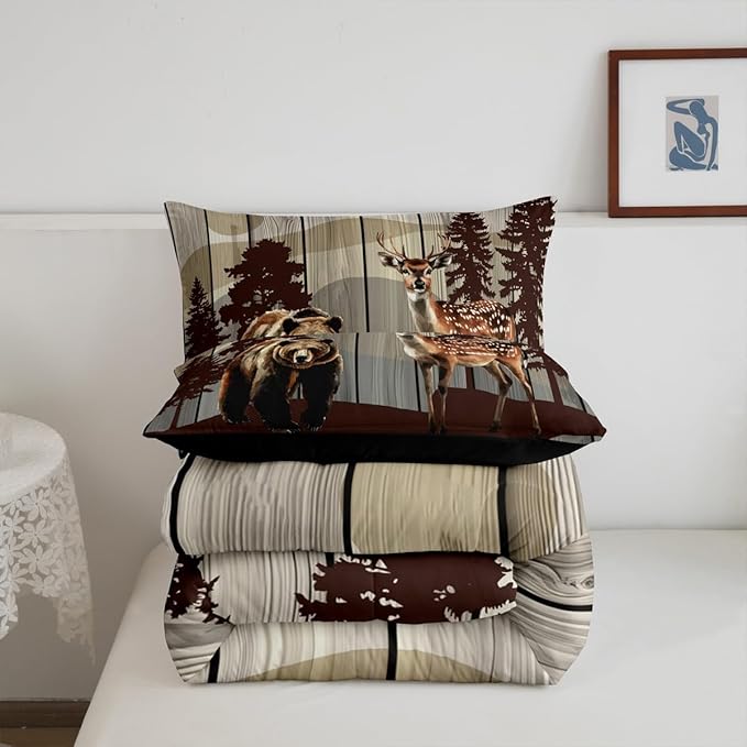 Feelyou Cute Bear Comforter Set Wild Animal Pattern Bedding Set for Teens Deer Wildlife Bear Bedding Set Western Farmhouse Grey Duvet Set Room Decor Toddler Size Duvet Set 2Pcs