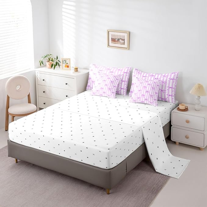 Erosebridal Bowknot White Purple Girls Kawaii Full Comforter Set 7 Pieces | Geometric Bed in A Bag for Bedroom Cute Bow Bedding Set with Comforters Stripe Room Decor