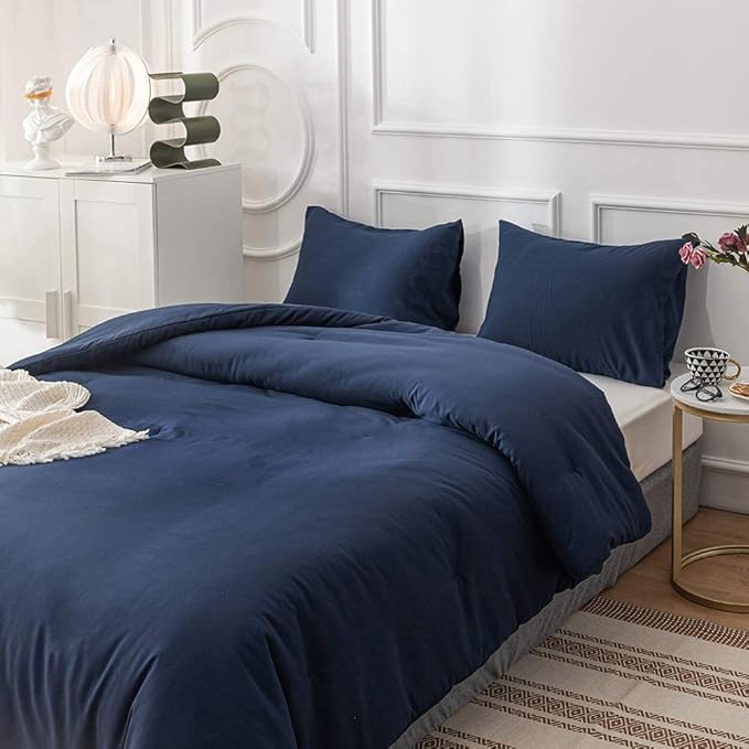 Wellboo Dark Blue Comforter Sets Queen Size Men Boys Navy Blue Bedding Comforters Women Solid Dark Color Minimalist Quilts Adults Plain Color Comfy Comforters Modern Classic Bed Durable