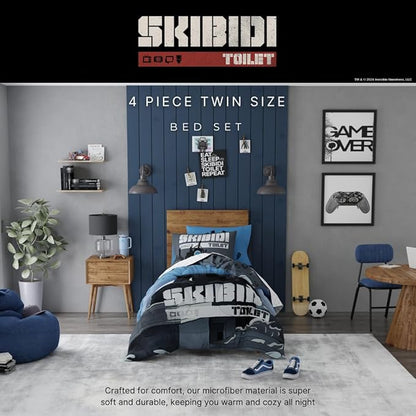 Skibidi Toilet Gamer Bedding 4 Piece Super Soft Reversible Comforter and Sheet Set, Twin, (Officially Licensed Product) by Franco