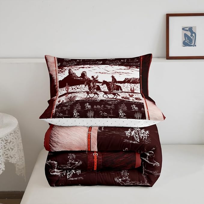 Feelyou Western Aztec Comforter Set Full Size Horse Cowboy Bedding Set for Boys Men Kids Teens Rustic Western Decor Country Wild West Down Comforter Red Duvet Set with 2 Pillowcase