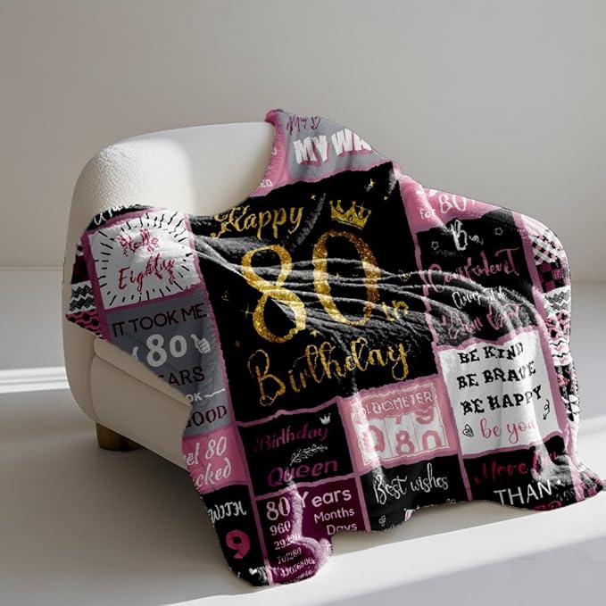 80 Birthday Gifts for Women, 80th Birthday Blanket with Gift Box for Women, Gifts for 80th Birthday, Happy 80th Birthday Decorations Gift Ideas for Her, 80th Birthday Gifts Throw Blanket 60"x50"
