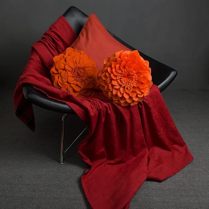 JWH Handmade 3D Flower Throw Pillow Covers Decorative Round Cushion Floral Accent Pillow Cases Velvet Pillowcase for Living Room Bed Couch Bedroom 14 Inch Orange