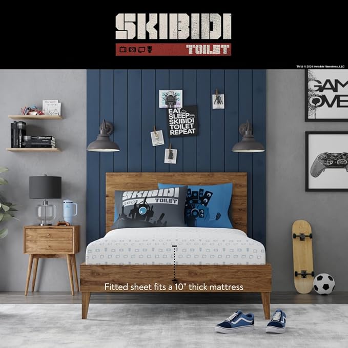 Skibidi Toilet Gamer Bedding 5 Piece Super Soft Reversible Comforter and Sheet Set Full, (Officially Licensed Product) by Franco