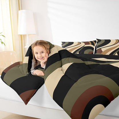 Green Brown Spiral Toddler Comforter for Adult Women Men Modern Swirls Stripes Abstract Bedding Set for Minimalists Boho Aesthetic Geometric Bed Sets Graffiti Art Lines Quilt Duvet Insert