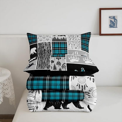 Erosebridal Western Bedding Twin Size,Farmhouse Horse Cowboy Comforter Set Cabin Decor,Retro Mint Green Plaid Grid Quilt Western Bed Set,Wild Animals Paw Arrow Hunting Theme Duvet Insert