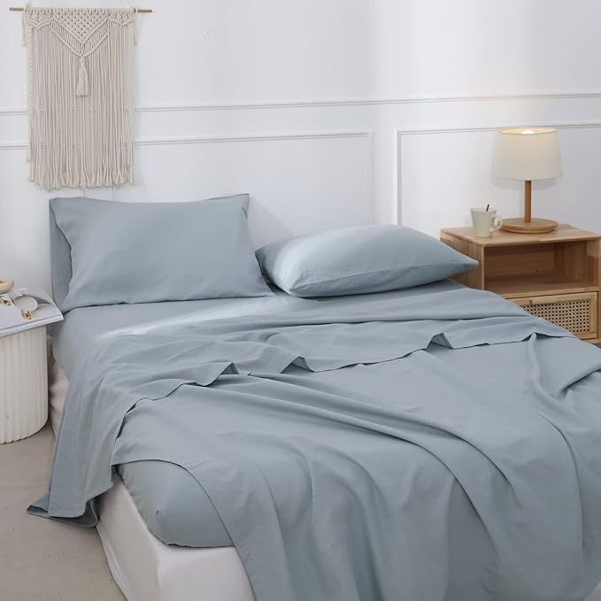 Simple&Opulence Belgian Linen Sheet Set Solid Color - 3 Pieces (1 Flat Sheet, 1 Fitted Sheet & 1 Pillowcase) Natural Flax Cotton Blend Soft Breathable Farmhouse Bedding - Twin Size, Dusty Blue