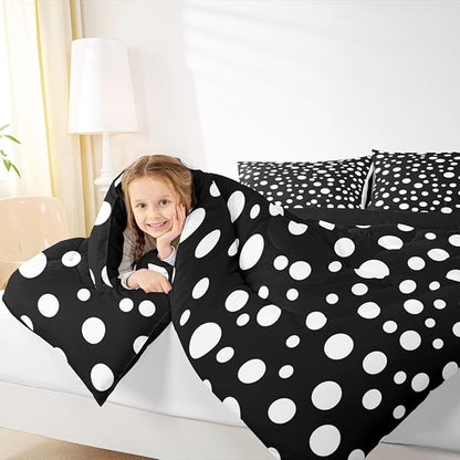 Manfei White Polka Dots Comforter Set King Size,French Style Cute Dots Print Bedding Set 3 Pcs for Adults,Geometric Circles Black White Simple Comforter,2 Pillowcases
