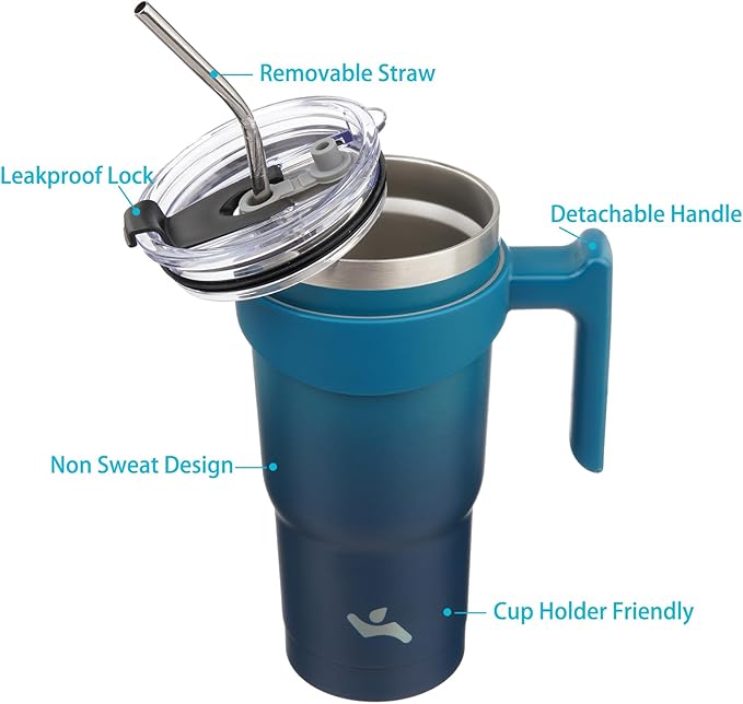 20 oz Tumbler with Handle and 2 Straw 2 Lid, Insulated Water Bottle Stainless Steel Vacuum Cup Reusable Travel Mug,Indigo Black