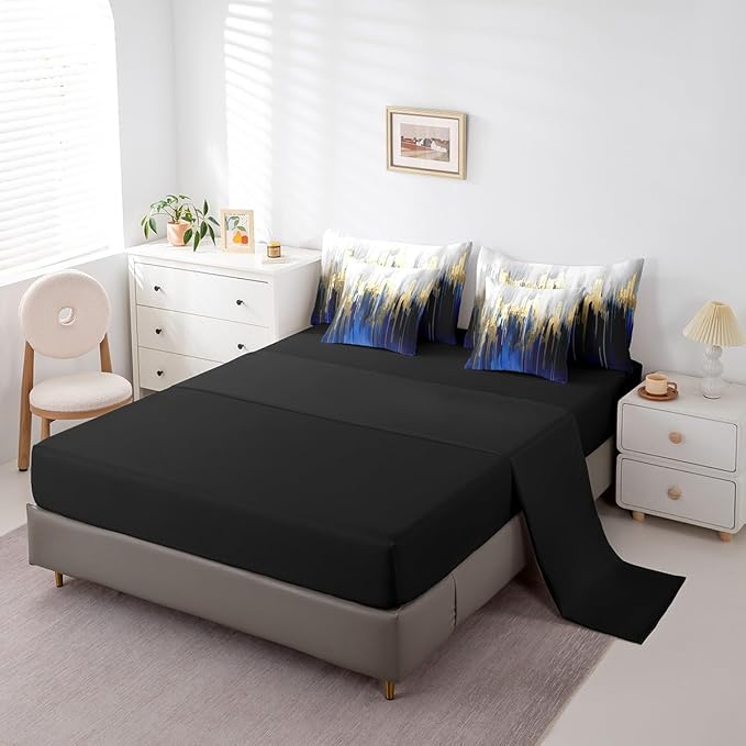 Navy Full Comforter Set 7 Pieces Graffiti Ombre Bedding Comforter Sets, Brush Strokes Oil Painting Bed in a Bag Modern Contemporary Bedding Set, Gold Metallic Abstract Gradient Bed Sheets Set
