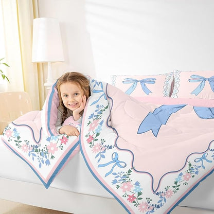 Feelyou Bow Kids Comforter Set Queen Size Floral Bedding Set Pink Blue Duvet Quilt for Kids Boys Girls Bedroom Cute Bowknot Decor Kawaii Microfiber Ultra Soft Breathable