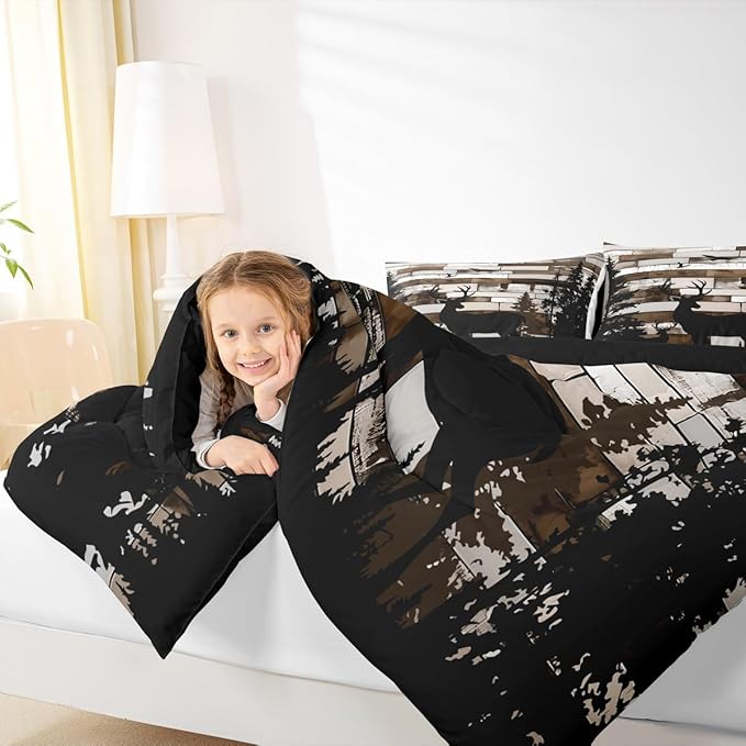 Feelyou Deer Hunting Bedding Set Wild Animal Comforter Set for Kids Boys Girls Rustic Farmhouse Comforter Retro Cabin Quilt Set Bedroom Collection 2Pcs Toddler Size