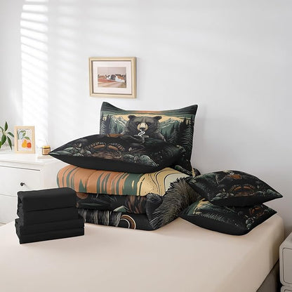 Erosebridal Rustic Bear Full Bedding Set, Black Bear with Coffee Cup Bed in A Bag,Farmhouse Cabin Decor Comforter Sets with Sheets, Vintage Woodland Animal 7 Pieces Bed Set Bedroom Decor