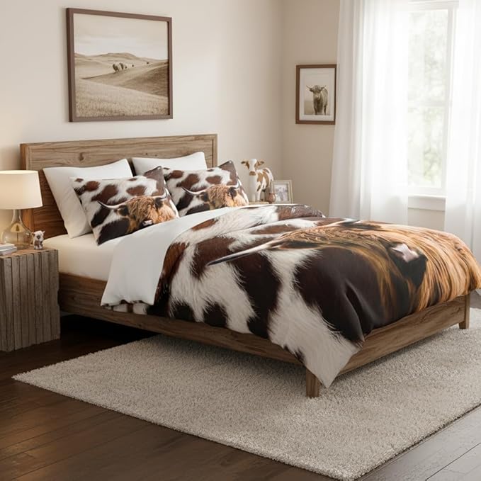 Highland Cow Comforter Set Full Size, Brown Rustic Bedding Set for Boys Girls,3 Pieces Soft Fluffy Microfiber Bed Set with 2 Pillowcases/79 * 90