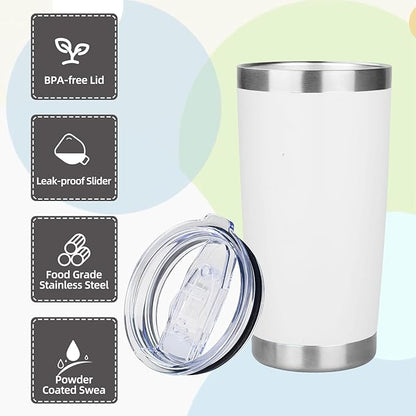 20oz Tumbler with Lid Stainless Steel Insulated Tumblers Travel Coffee Tumbler Bulk Double Wall Vacuum Insulated Water Cup Christmas Gifts for Women Men Her Him Home Office (White, 6pack)
