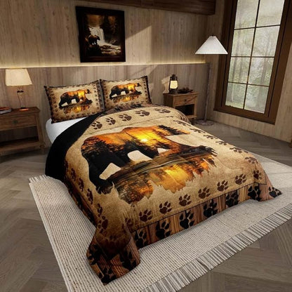 Feelyou Bear Comforter Set Queen Size Farmhouse Wild Animal Comforter Retro Rustic Woodland Bedding Set for Kids Boys Girls Brown Bear Paws Print Duvet Set Rustic Bedroom Decor Quilted Set 3Pcs