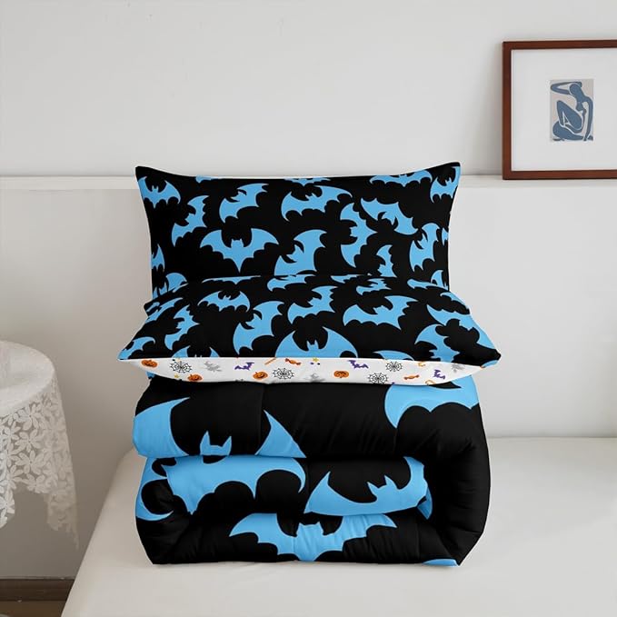 Erosebridal Blue Bat Toddler Comforter Halloween Bat Bedding Set Spooky Goth Gothic Animal Duvet Insert Horror Halloween Bed Sets for Kids Teens Adults