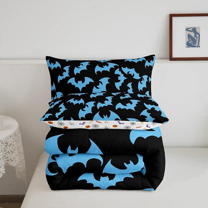 Erosebridal Blue Bat Queen Comforter Set Halloween Bat Bedding Set Spooky Goth Gothic Animal Bed Set Horror Halloween Quilt Set for Kids Teens Adults