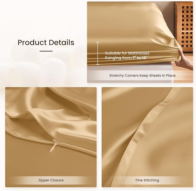 THXSILK 6A+ Top Grade 100% Pure Mulberry Silk Full Fitted Sheet 3Pcs Set Bed Sheets Luxury Bedding for Hair and Skin Breathable Cooling Safe Material, 1 Fitted Sheet with 2 Pillowcases, Metallic Gold