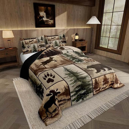 Feelyou Western Rustic Bear Deer Comforter Set Twin Size, Country Farmhouse Duvet Insert, Rustic Cabin Bedding Set,Elk Forest Animal Wildlife Hunting Patchwork Lodge Quilt, 1 Pillow Shams