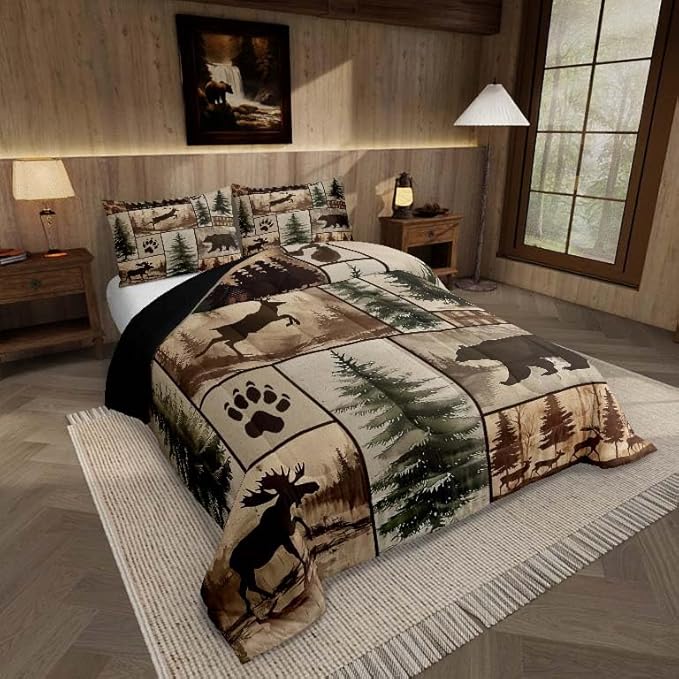 Feelyou Western Rustic Bear Deer Comforter Set Full Size, Country Farmhouse Duvet Insert, Rustic Cabin Bedding Set,Elk Forest Animal Wildlife Hunting Patchwork Lodge Quilt, 2 Pillow Shams