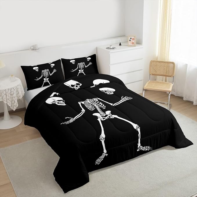 Erosebridal Juggling Skeleton Bedding Set Toddler, Halloween Juggling Skull Comforter Set for Kids Boys Teens Men Horror Halloween Decor, Gothic Skull Comforter, Black Quilt 2 Piece