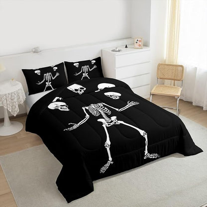 Erosebridal Juggling Skeleton Bedding Set Toddler, Halloween Juggling Skull Comforter Set for Kids Boys Teens Men Horror Halloween Decor, Gothic Skull Comforter, Black Quilt 2 Piece