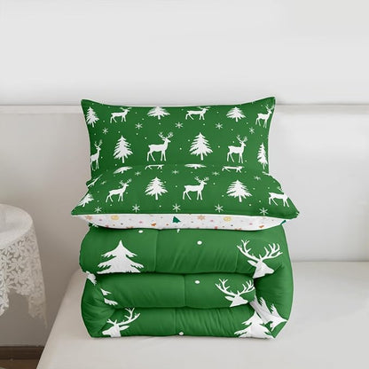 Christmas Deer Comforter Set Full Size,Snowflake Pine Tree Kids Bedding Set,Rustic Farmhouse Xmas Quilt Comforter,Green White Duvet Insert,2 Pillowcases