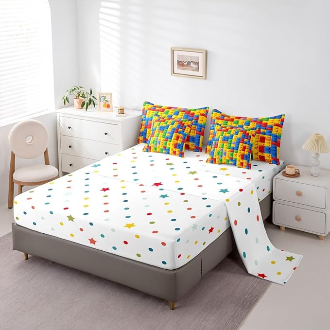 Feelyou Construction Games Comforter Set King Size 7 Pcs Kids Building Blocks Comforter Bed in a Bag Colorful Brick Bedding Set for Boys Girls Teens Bed Set with Sheets, Pillowcases, Pillow Covers