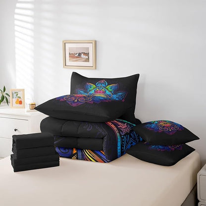 Erosebridal Hippie Hamsa Eye Bedding Set Bohemian Lotus King Size Comforter Set, Boho Mandala Bedding Comforter Sets Tribal Paisley Floral Bed in a Bag 7pcs, Black Blue Bed Set
