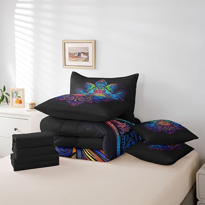 Erosebridal Hippie Hamsa Eye Bedding Set Bohemian Lotus Full Comforter Set 7-Piece, Boho Mandala Bedding Comforter Sets Tribal Paisley Floral Bed in a Bag, Black Blue Bed Sheets Set